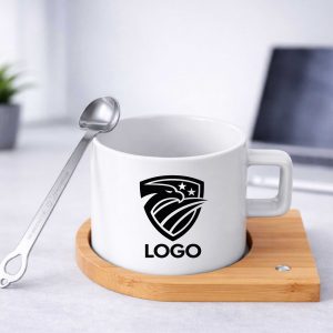 Ceramic Cup Set with Wooden Stand and Matching Spoon -  Custom Printed
